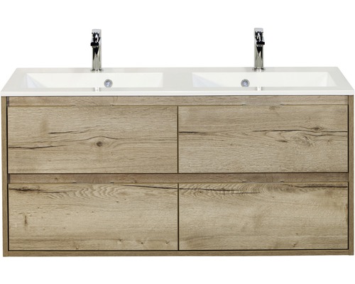 Set de meubles de salle de bains sanox Porto 120 cm chêne nature 2 pièces meuble bas avec lavabo double en fonte minérale