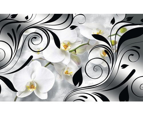 Fototapete Vlies 1831 VEXXL Orchideen Dekor 3-tlg. 312 x 219 cm Fototapete mit weißen Orchideen und schwarzen Ornamenten