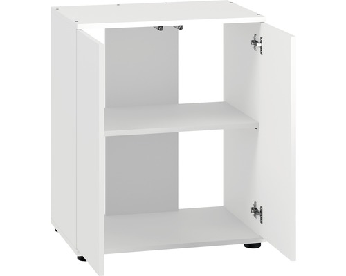 Weißer Unterschrank mit zwei offenen Türen und einem Regalboden