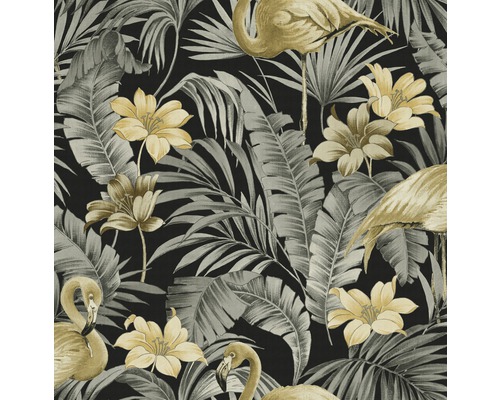 Papier peint intissé 106740 Sandrine Tropics Dark chiq Papier peint avec des flamants roses, des feuilles et des fleurs