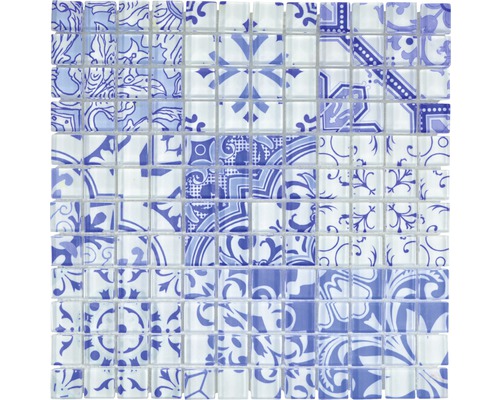 Glasmosaik Crystal design 30x30 cm weiss-blau Mosaikmatte mit blau-weißen Mustern