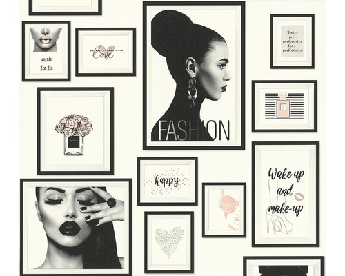 Papier peint intissé 36918-1 Metropolitan Cadre noir/blanc rosé Papier peint avec diverses illustrations de mode encadrées