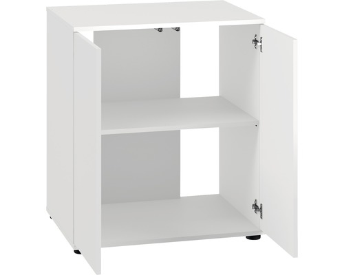 Weißer Unterschrank mit zwei offenen Türen und einem Einlegeboden