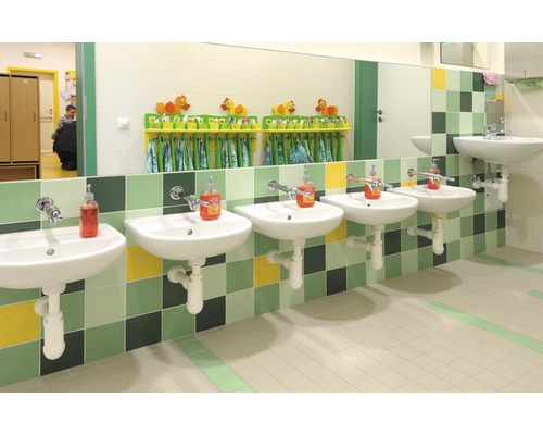 Salle de bain avec lavabos, miroir, porte-serviettes et carrelage