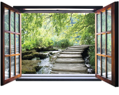 Papier peint panoramique intissé fenêtre avec ruisseau 201x145 cm