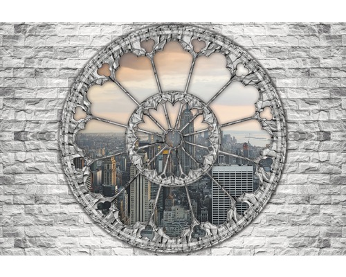 Fototapete Vlies 2099 VEXXL Fenster New York 3-tlg. 312 x 219 cm Tapete mit Fensterrosen-Design und Blick auf eine Stadt