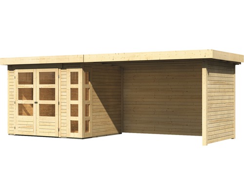 Holzgartenhaus mit Flügeltüren und Anbau