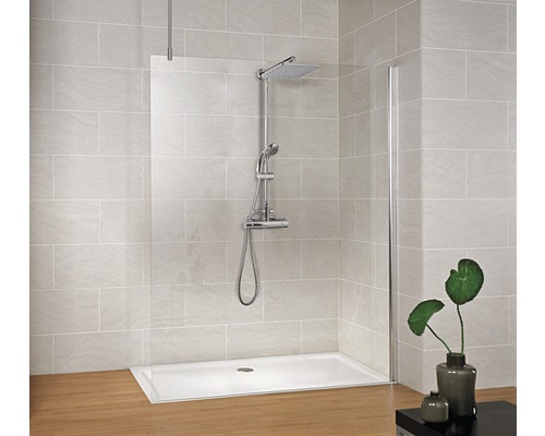 Douche Schulte MasteClass Free 1 900x2000 mm verre véritable clair aspect chrome avec support de plafond