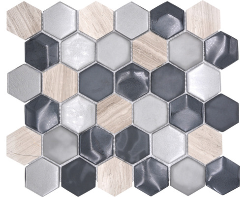 Glasmosaik mit Naturstein HXN 22 Grau 30x30 cm Sechseckiges Mosaik aus Glas und Holz
