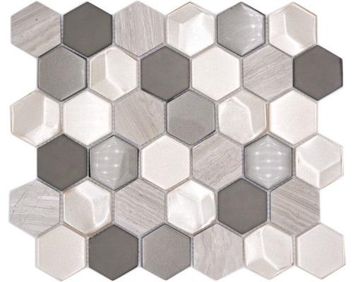 Glasmosaik mit Naturstein HXN 44 Grau 30x30 cm Mosaikfliese mit sechseckigem Muster