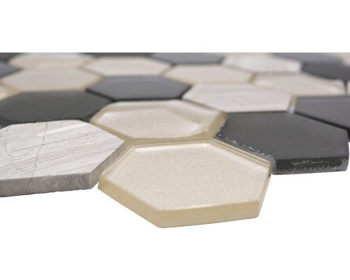 Mosaïque hexagonale en verre et pierre