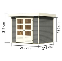 Abri de jardin en bois avec des dimensions de 211 cm de hauteur, 242 cm de largeur et 217 cm de profondeur