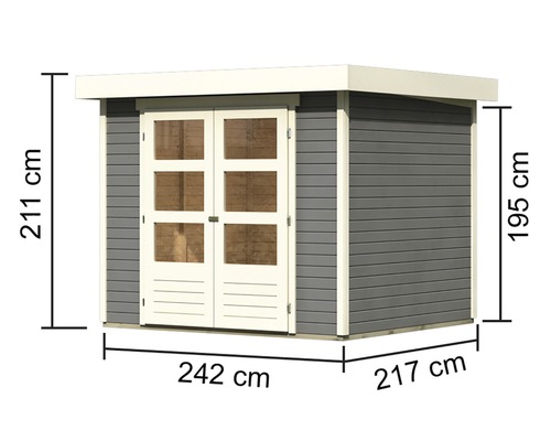 Gartenhaus aus Holz mit Abmessungen 211 cm Höhe, 242 cm Breite und 217 cm Tiefe