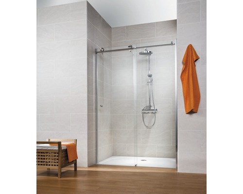 Porte coulissante Schulte MasterClass 1400x2000 mm droite verre transparent clair aspect chrome Salle de bains avec douche à l''italienne et porte coulissante