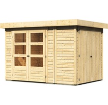 Abri de jardin en bois avec fenêtres et porte double
