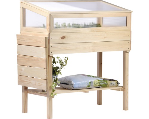 Jardinière surélevée en bois avec châssis et espace de rangement pour accessoires de jardinage