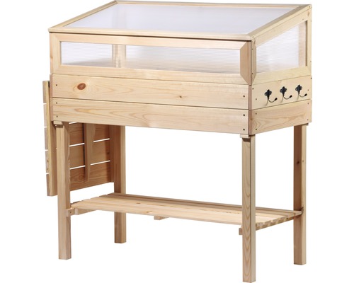 Jardinière surélevée en bois avec serre adossée, étagère de rangement et crochets