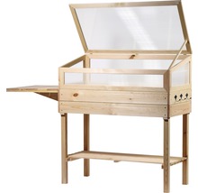 Jardinière surélevée en bois avec surface de rangement et couvercle ouvert