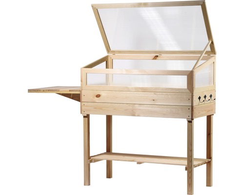 Jardinière surélevée en bois avec surface de rangement et couvercle ouvert