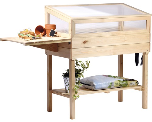 Table de culture en bois avec espace de rangement et accessoires de plantation.