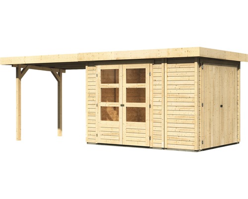 Abri de jardin en bois avec auvent et portes doubles