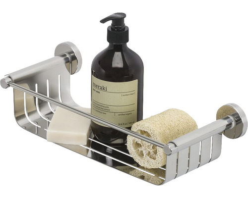 Étagère de douche en métal avec savon, gel douche et éponge luffa