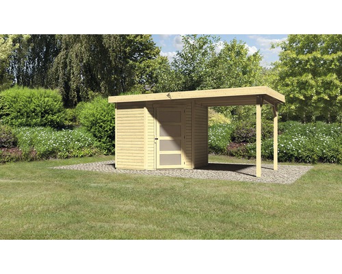 Holzgartenhaus mit Überdachung im Garten