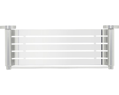 Radiateur de salle de bains argenté avec lamelles horizontales pour la répartition de la chaleur.
