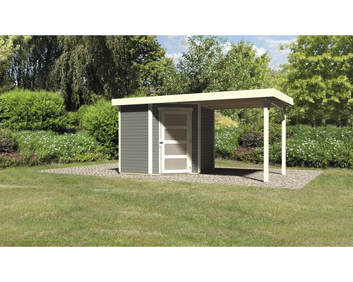 Holzgartenhaus mit Unterstand im Garten