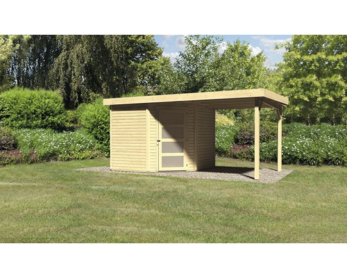 Abri de jardin Karibu Anvik 5 avec toit en appentis 493 x 262 cm naturel Abri de jardin en bois avec auvent dans le jardin