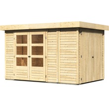 Abri de jardin en bois avec fenêtres et porte double
