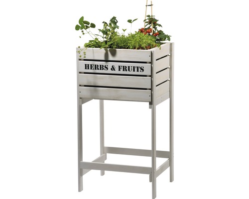 Hochbeet aus Holz mit Kräutern und Früchten