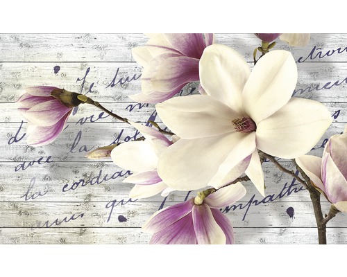 Fototapete Vlies 2878 VEXXL Magnolie mit Schrift 3-tlg. 312 x 219 cm Fototapete mit Magnolienblüten und Schrift auf Holzoptik