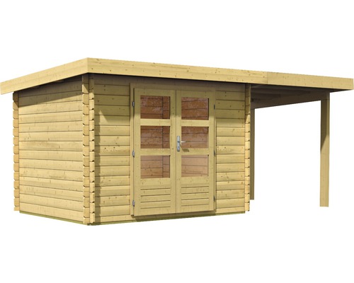 Abri de jardin en bois avec double porte et espace couvert