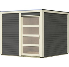 Abri de jardin avec murs en bois et porte avec panneaux de verre