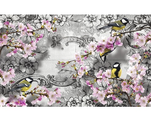 Papier peint panoramique intissé fleurs et oiseaux 312 x 219 cm