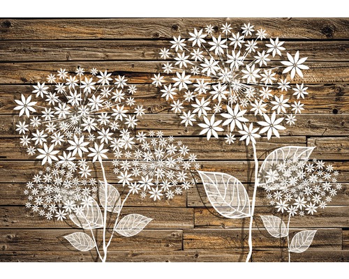 Fototapete Vlies 3452 VEXXL Blüten auf Holz 3-tlg. 312 x 219 cm Dekoratives Blumenmuster auf Holzpaneelen für den Innenbereich