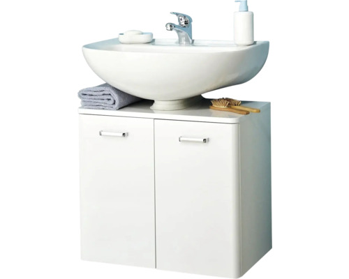 Vasque avec meuble sous-vasque, robinetterie, savon, serviette et brosses