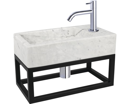 Waschtisch mit Marmorwaschbecken und schwarzem Metallgestell