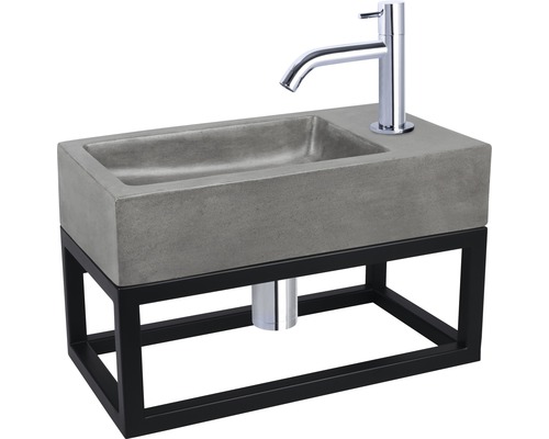 Waschtisch mit Betonbecken, Armatur und schwarzem Metallgestell