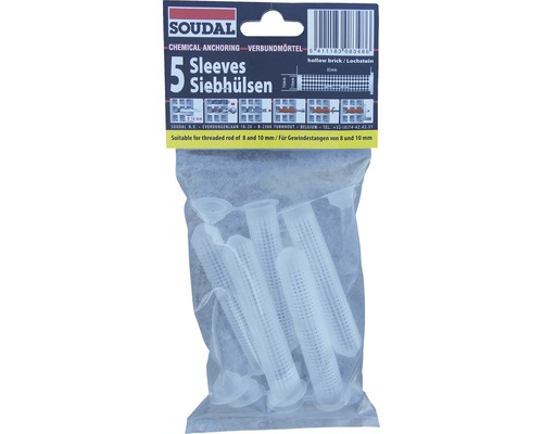 Hülse für chemischen Anker 5 Stück Packung mit fünf Siebhülsen der Marke Soudal zur chemischen Verankerung von Gewindestangen mit acht und zehn Millimetern Durchmesser.