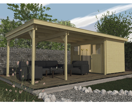 Abri de jardin weka cabane Lounge 1 450 cm Lounge avec plancher 654x295 cm naturel