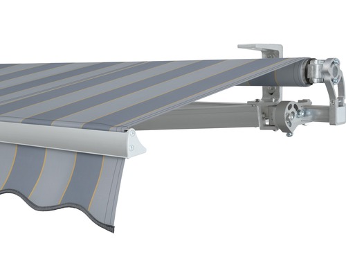 SOLUNA Gelenkarmmarkise Concept 4x2 Stoff Dessin 7109 Gestell Silber E6EV1 eloxiert Antrieb rechts inkl. Motor und Wandschalter