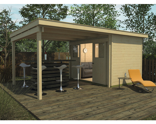 Abri de jardin weka Lounge-Haus 2 300 cm Lounge avec plancher 619 x 336 cm naturel Maison de jardin en bois avec bar et coin salon sur une terrasse en bois