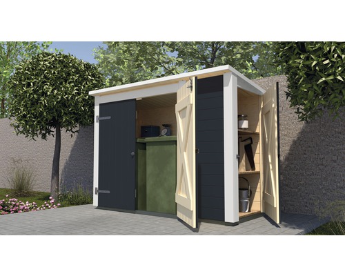 Gartenhaus mit zwei Türen, einer Mülltonne und Regalen