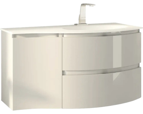 Waschtischunterschrank mit einem Waschbecken und einer Armatur, mit einer Tür und zwei Schubladen