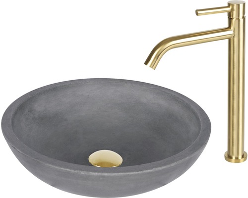 Vasque à poser grise en béton avec robinet doré