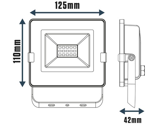 Dessin technique d''un projecteur LED avec les dimensions suivantes : 125 mm de largeur, 110 mm de hauteur et 42 mm de profondeur.