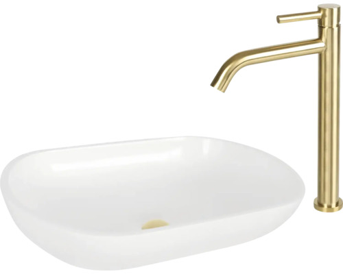 Vasque à poser en céramique avec robinet de lavabo doré