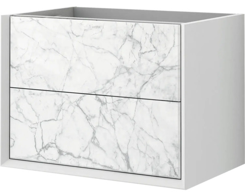 Meuble sous-vasque BadenHaus Bellagio largeur 70 cm blanc pierre déjà monté Meuble sous-lavabo avec deux tiroirs et aspect marbre